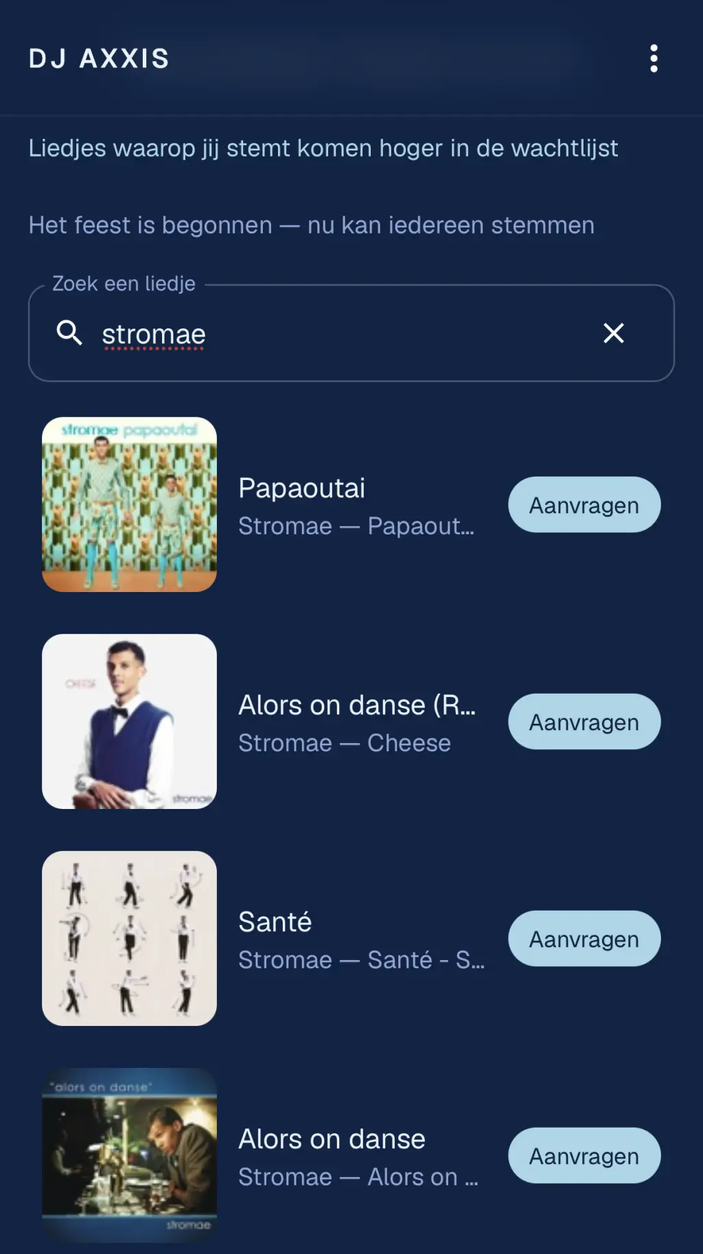 Zoekresultaten voor &ldquo;stromae&rdquo; met albumhoezen en een knop &ldquo;Aanvragen&rdquo; bij elk nummer