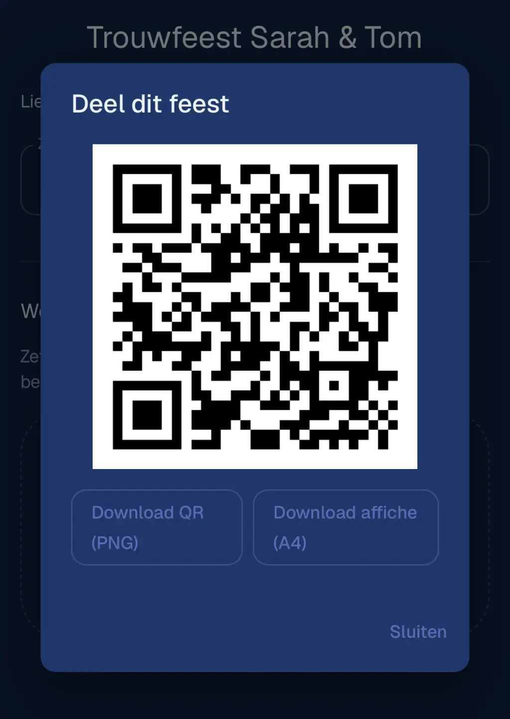 Het venster &ldquo;Deel dit feest&rdquo; met een QR-code en knoppen om de QR-code of de A4-affiche te downloaden